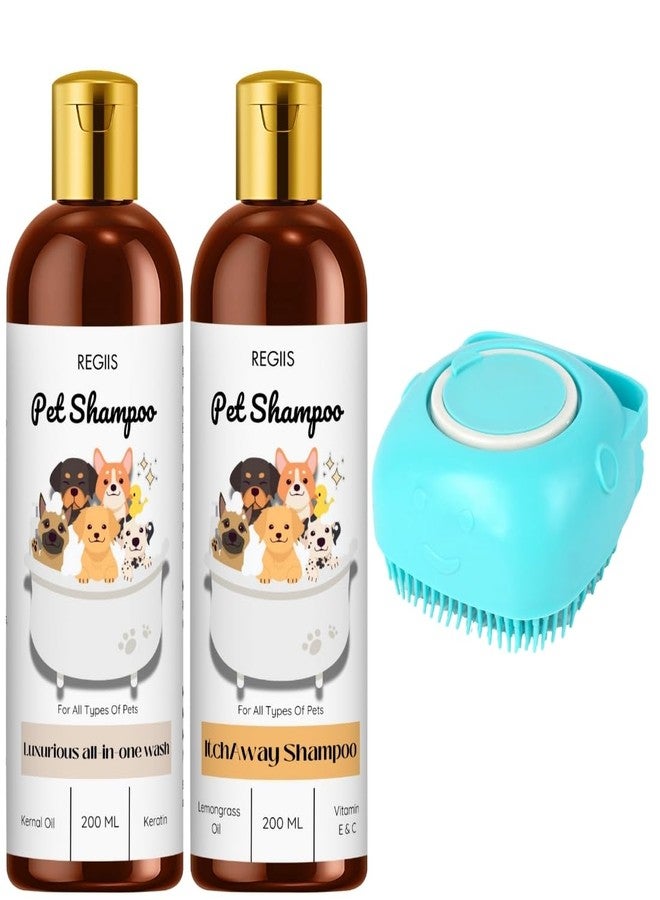 Regiis Pet Shampoo Set with Silicone Massage Brush, Luxurious All in One and Itch Away Formula, 200ml Each, for Dogs and Cats(Pack of 3) - Image 1